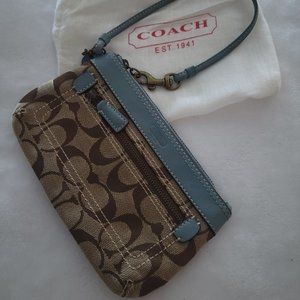 Coach Wristlet in Signature Brown Jacquard Print/Baby Blue Leather